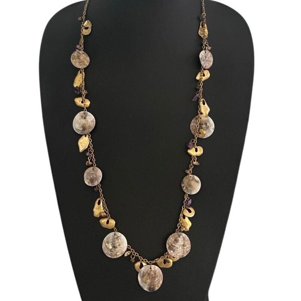 Coldwater Creek Statement Charm Necklace 30" Gold-tone Shells & Amethyst Charms - Picture 2 of 8